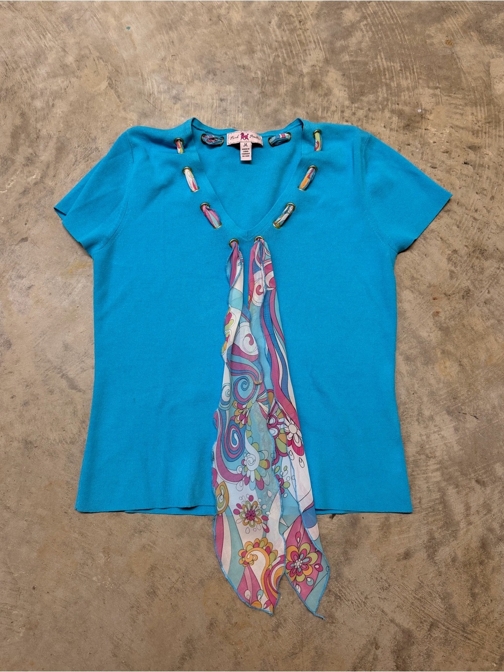 Bright Turquoise Short-Sleeve Top with Decorative Scarf Detail